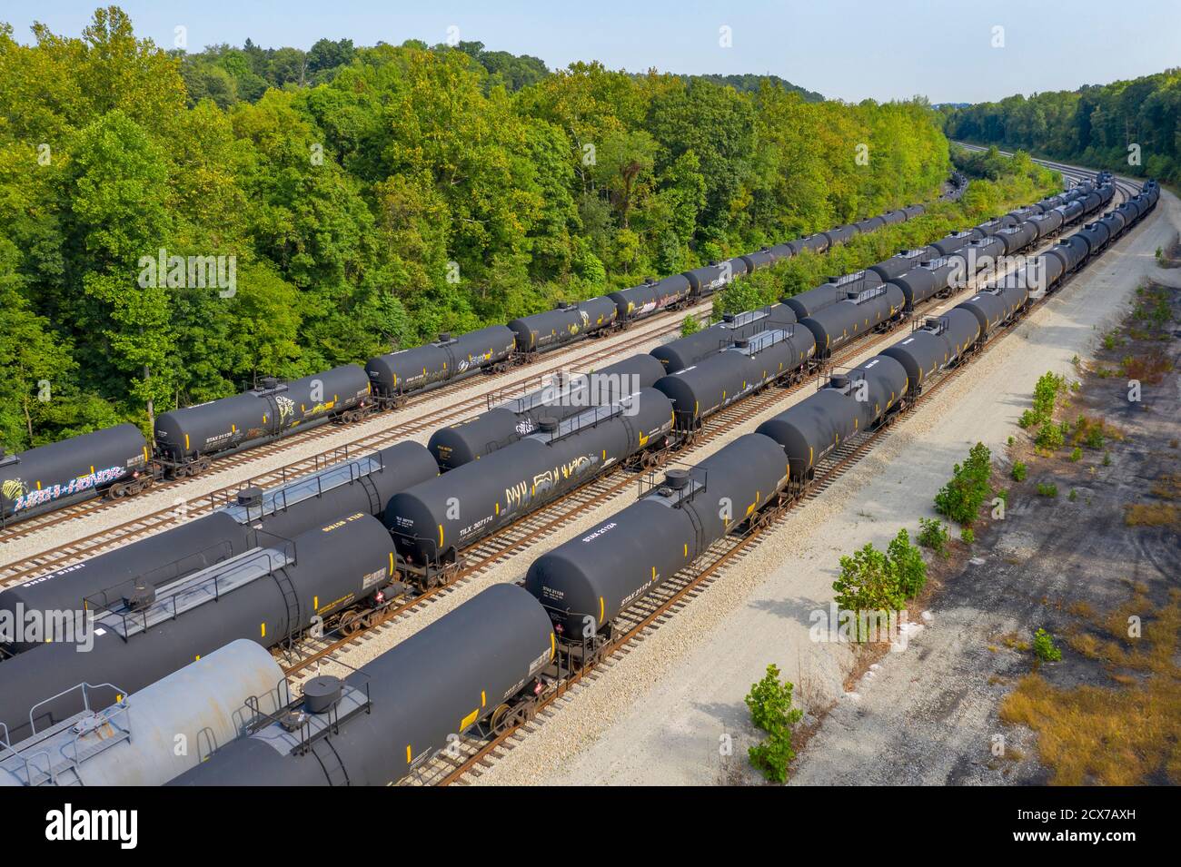 Dunbar, Pennsylvania - Empty liquified petroleum gas railroad cars stored in a Southwest Pennsylvania Railroad rail yard. Southwest Pennsylvania has s Stock Photo