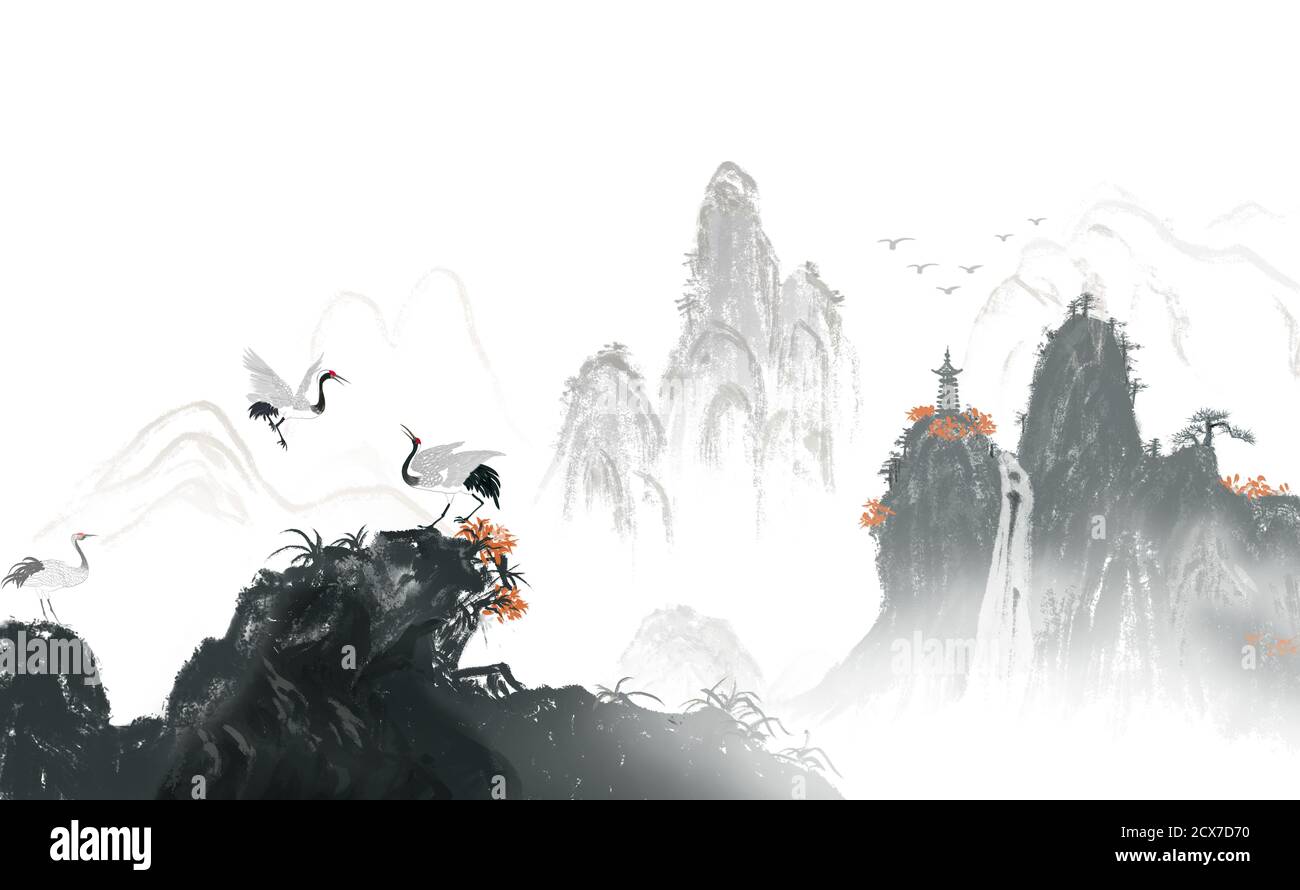 Layers of mountains and mountains Zen ink landscape painting Stock Photo Alamy