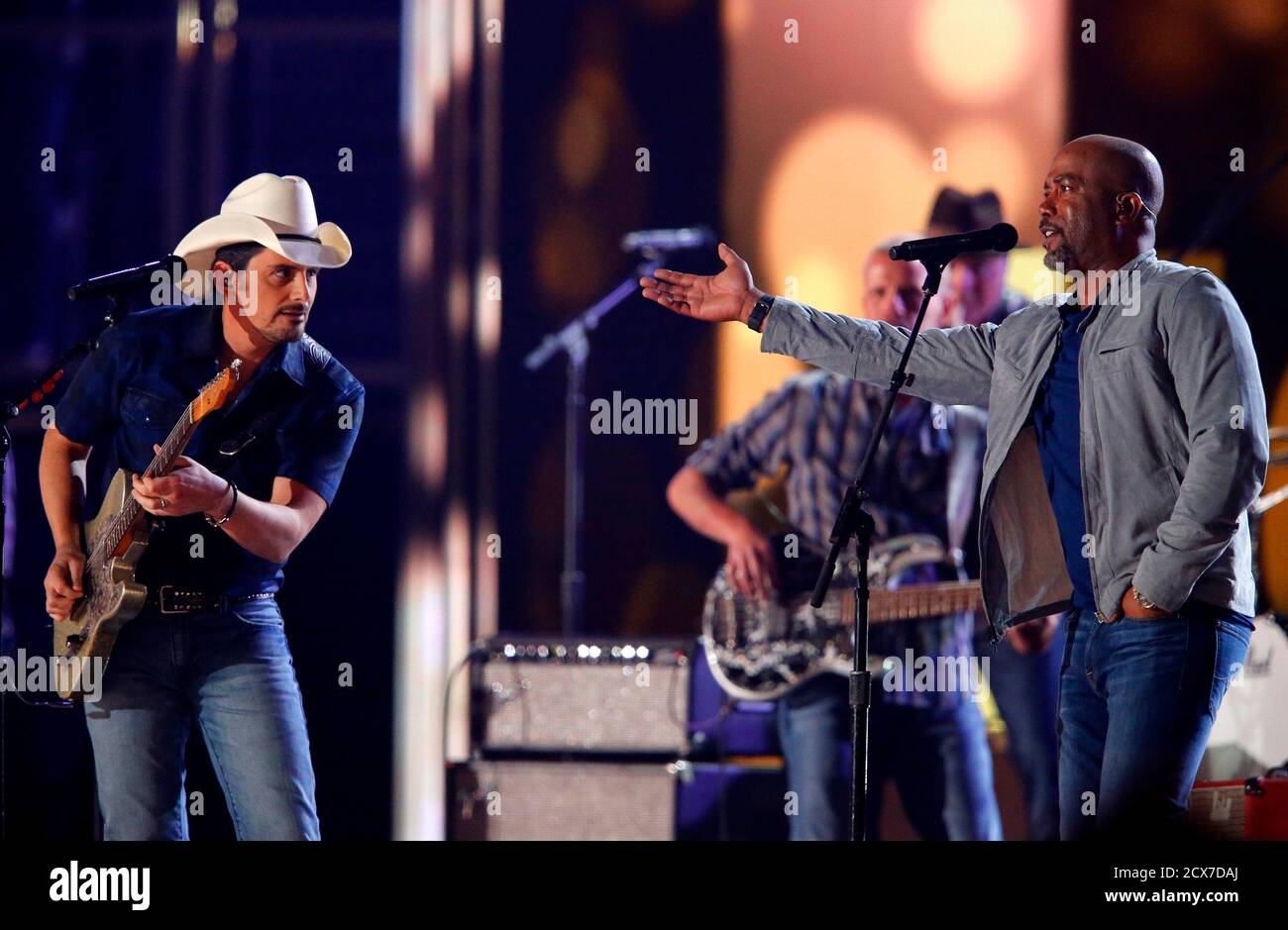 Brad Paisley (L) and Darius Rucker perform 'Let the Good TImes Roll' at the 50th Annual Academy of Country Music Awards in Arlington, Texas April 19, 2015.  REUTERS/Mike Blake Stock Photo