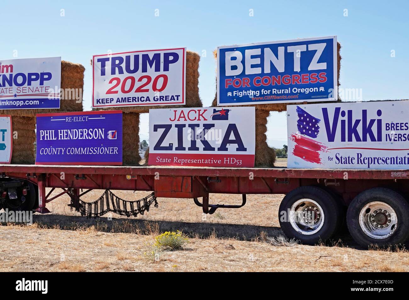 Republican campaign signs, including one for Donald Trump, on display in a field in central Oregon near the town of Redmond, Oregon. 2020. Stock Photo