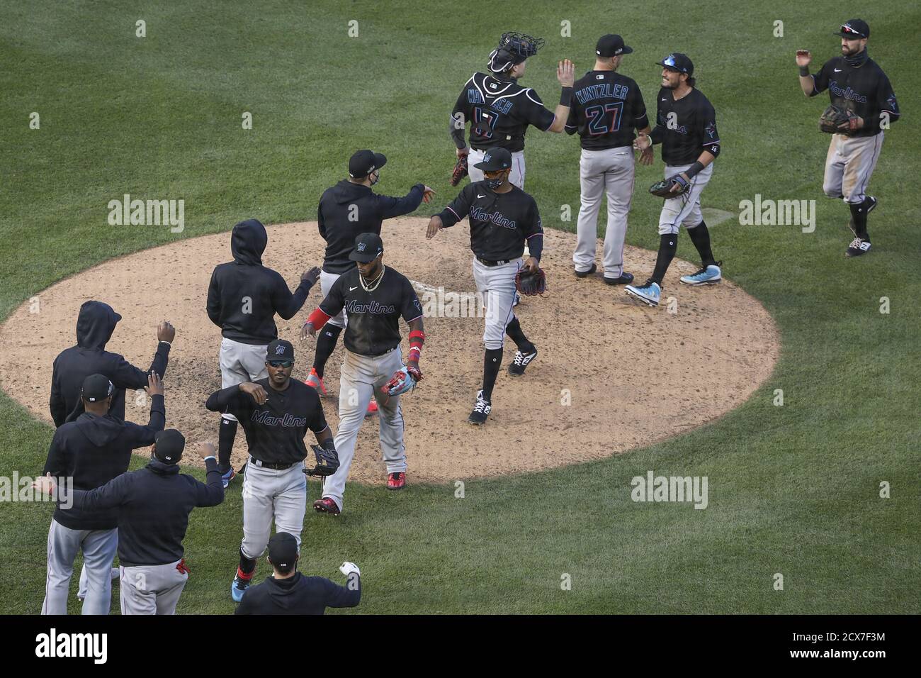Chicago, United States. 30th Sep, 2020. Miami Marlins players celebrate after defeating the Chicago Cubs in the NL Wild Card Game at Wrigley Field on Wednesday, September 30, 2020 in Chicago. Photo by Kamil Krzaczynski/UPI Credit: UPI/Alamy Live News Stock Photo