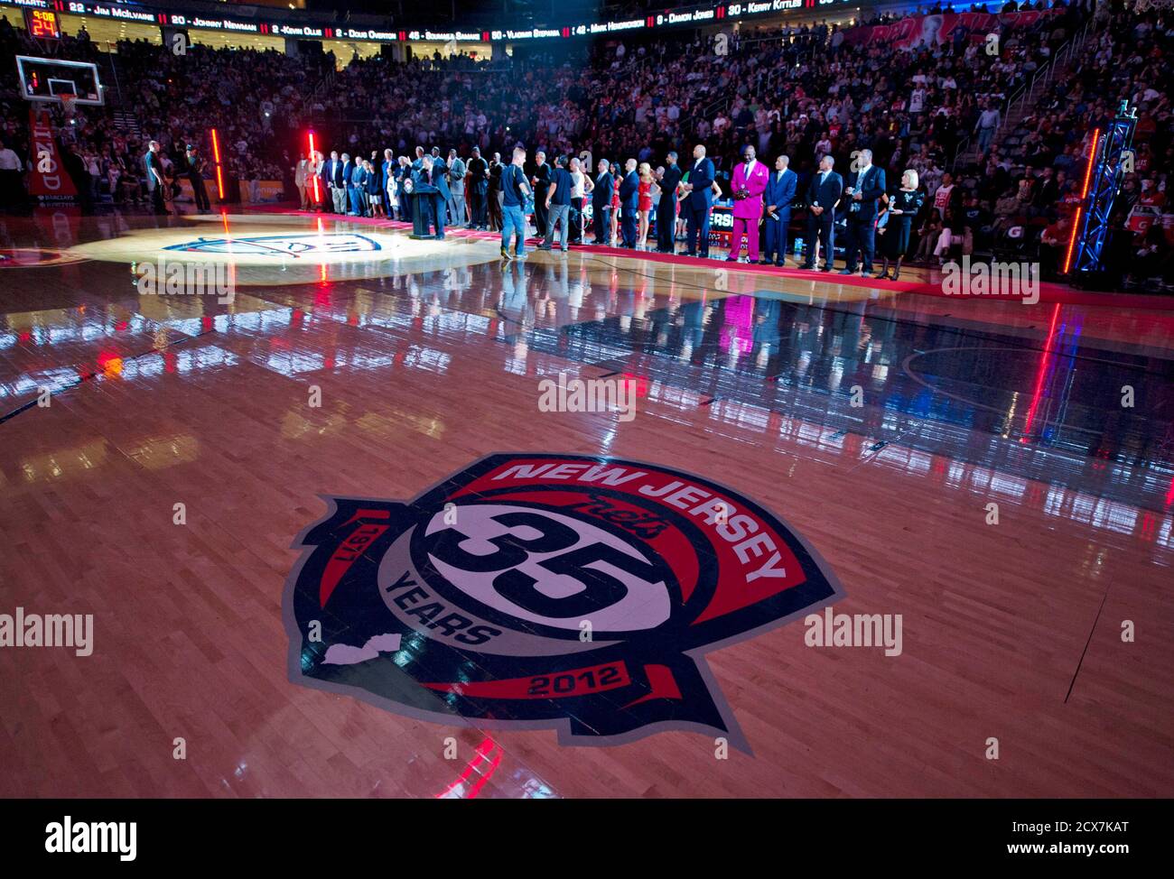 The New Jersey Nets honor former players in ceremonies celebrating 35 years  in New Jersey during halftime in their NBA basketball game with the  Philadelphia 76ers in Newark, New Jersey, April 23,
