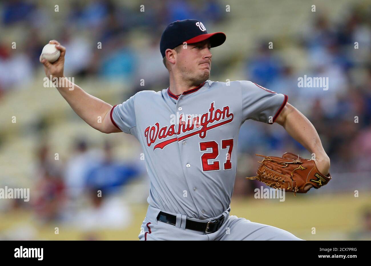 Washington Nationals starter Jordan Zimmermann pitches against the Los Angeles Dodgers during the first inning of their MLB National League baseball game in Los Angeles, California May 13, 2013. REUTERS/Lucy Nicholson (UNITED STATES - Tags: SPORT BASEBALL) Stock Photo