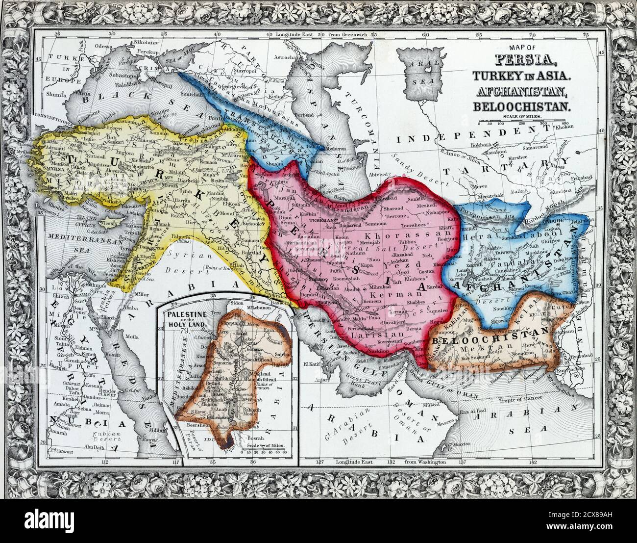 Antique map of Persia, Turkey in Asia. Afghanistan, Beloochistan