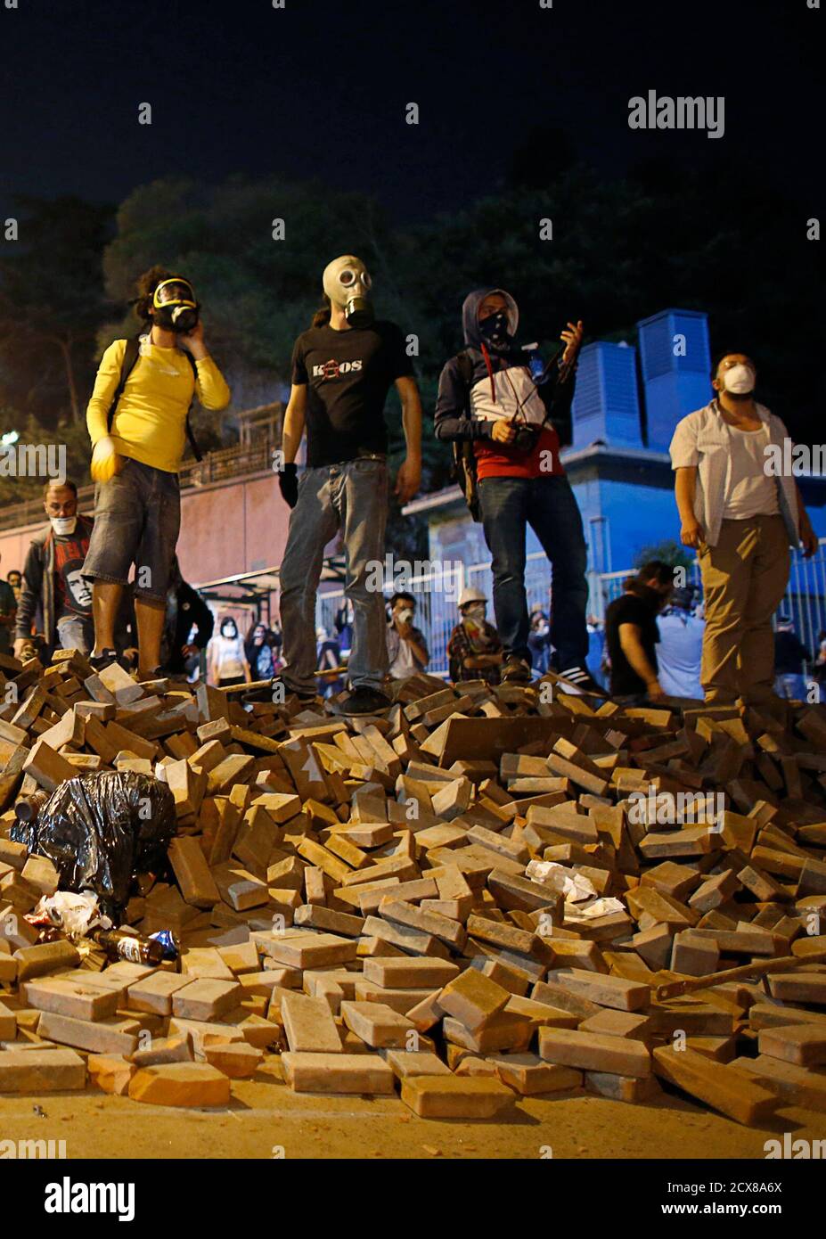 Anti-government protesters stand on a barricade during an anti-government protest in Istanbul June 3, 2013. Turkish Prime Minister Tayyip Erdogan accused anti-government protesters on Monday of walking 'arm-in-arm with terrorism', remarks that could further inflame public anger after three days of some of the most violent riots in decades. Hundreds of police and protesters have been injured since Friday in the riots, which began with a demonstration to halt construction in a park in an Istanbul square and grew into mass protests against what opponents call Erdogan's authoritarianism. REUTERS/M Stock Photo