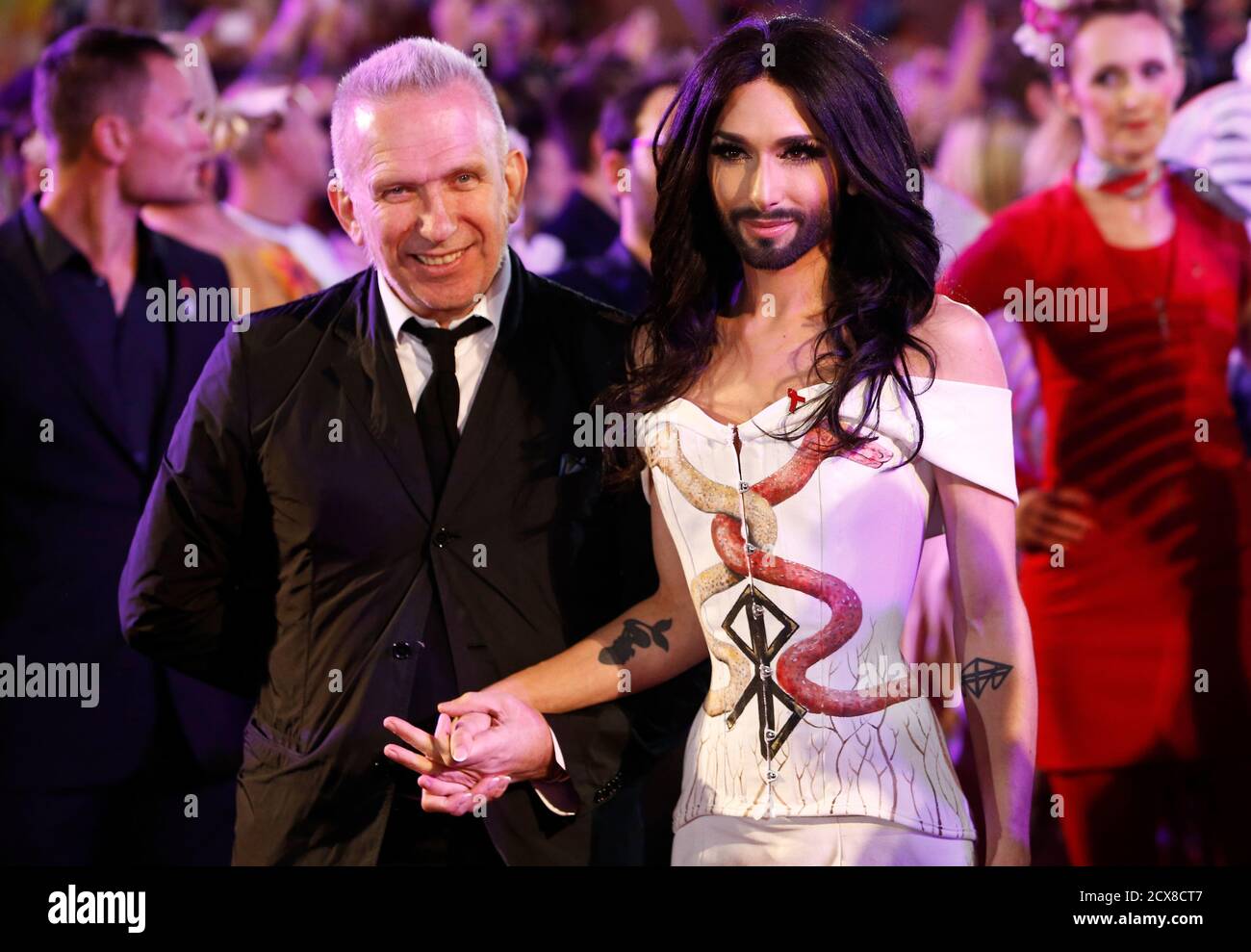 Designer Jean Paul Gaultier and Eurovision Song Contest winner Conchita  Wurst arrive for the opening ceremony of the 22nd Life Ball in Vienna May  31, 2014. Life Ball is Europe's largest annual