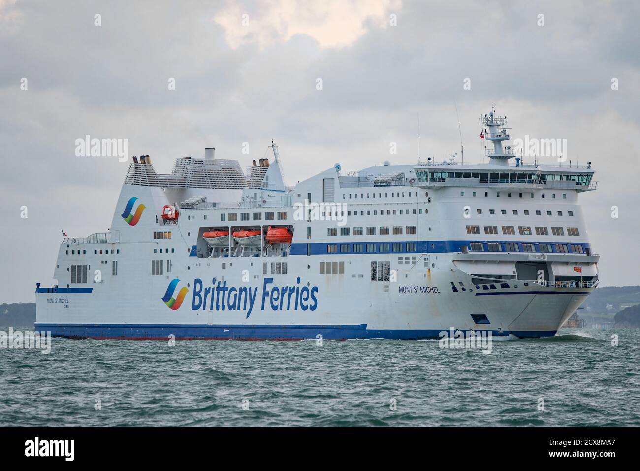 The Brittany Ferries MV Mont St Michel making an evening arrival at Portsmouth, UK on the 23rd September 2020. Stock Photo