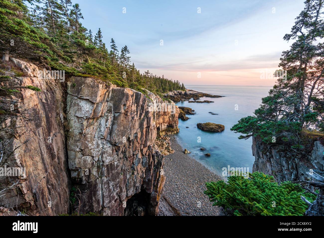 Sunset at Raven's Nest on Schoodic Peninsula, in Acadia National Park, Maine Stock Photo