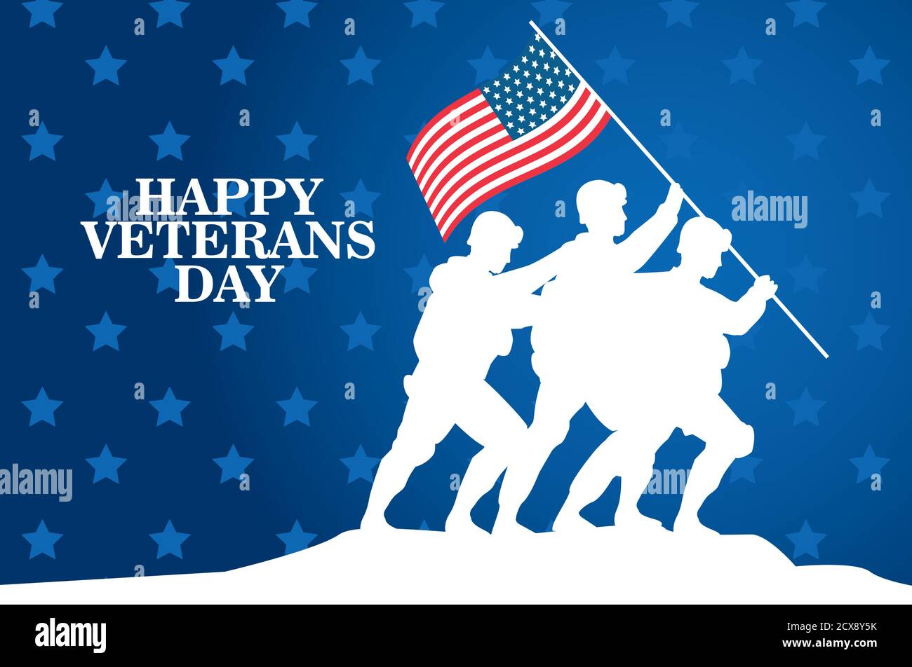 happy veterans day celebration with soldiers lifting usa flag in pole ...