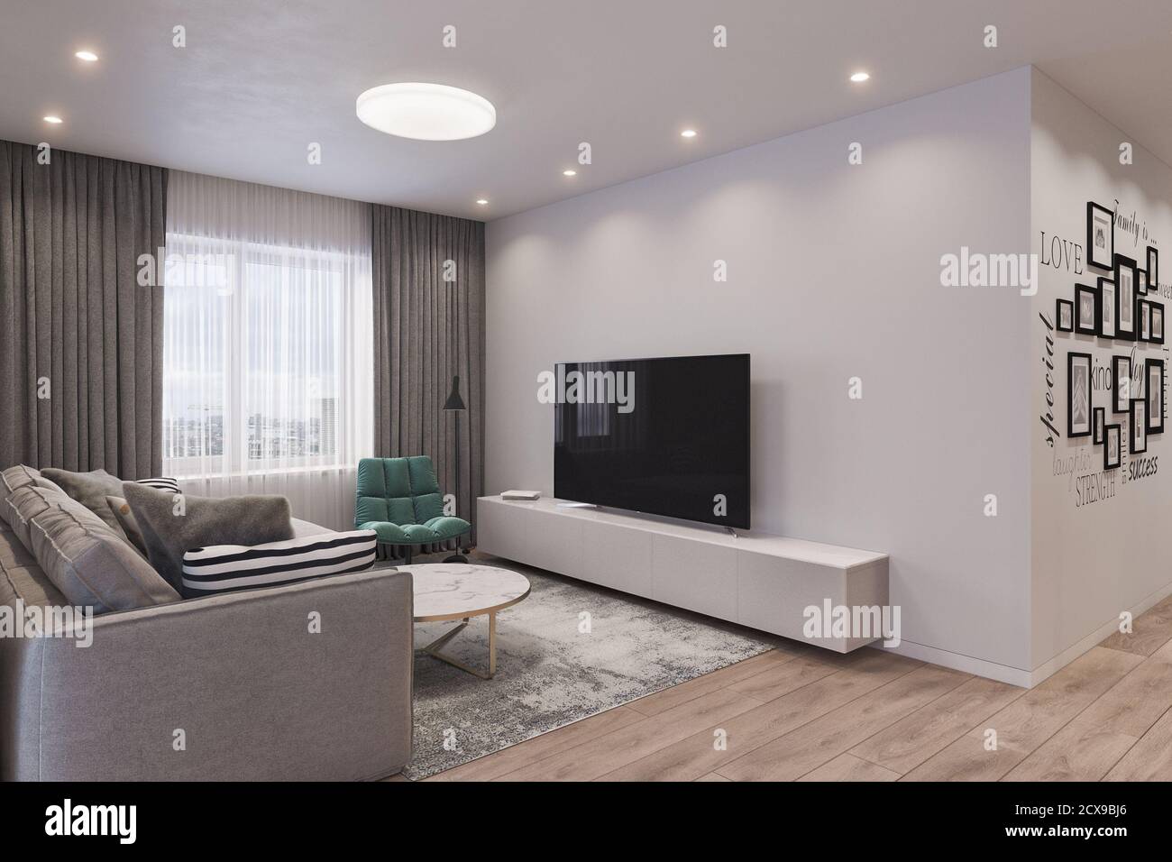 3d illustrations of interior living room tv zone Stock Photo