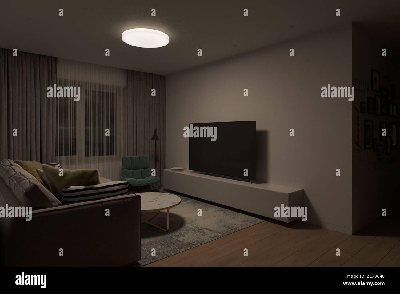 3d illustrations of interior living room tv zone Stock Photo - Alamy