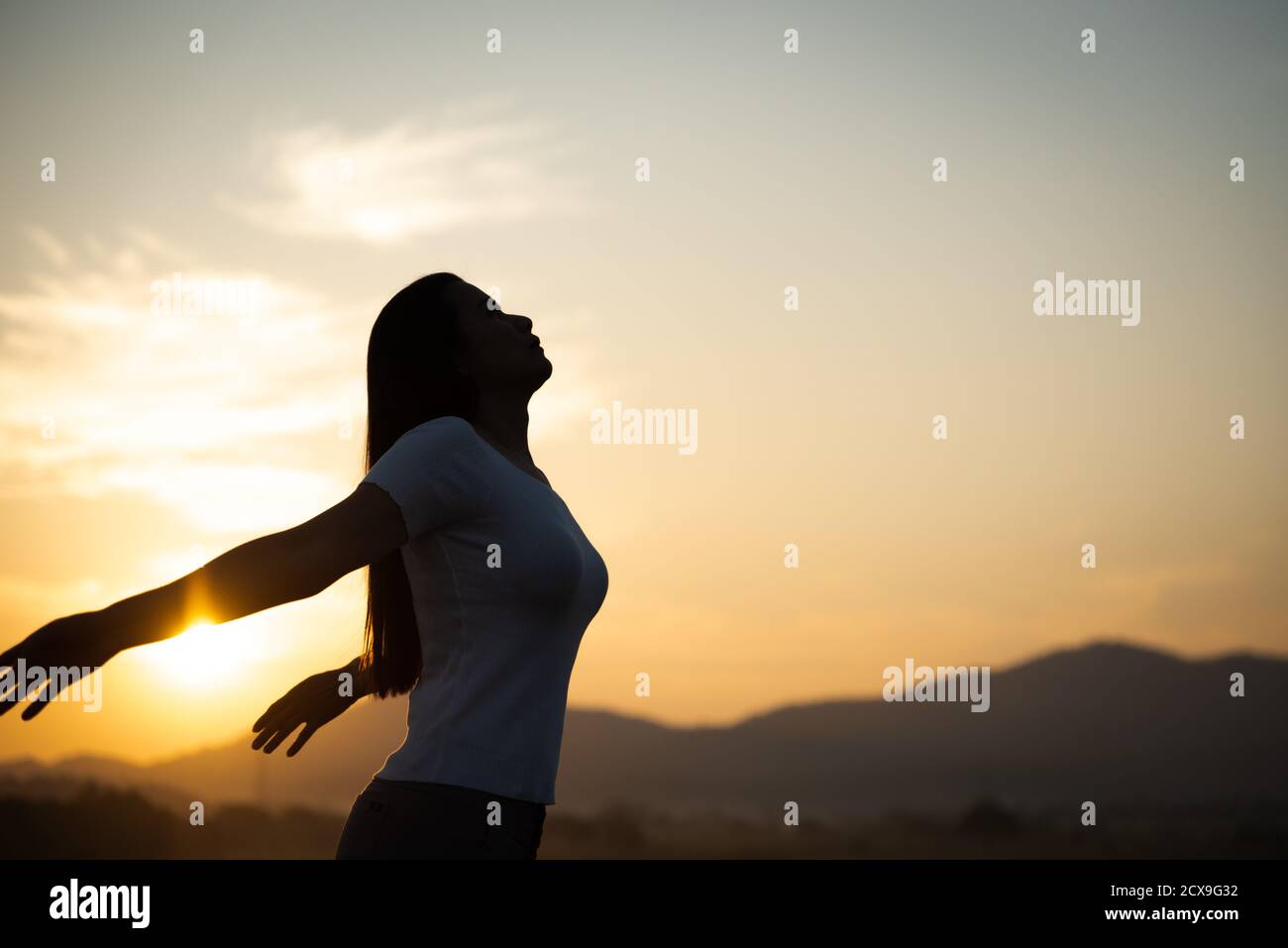 Photo of silhouette adult woman in profile on twilight background. Lonely  woman standing alone moments sunset. Style abstract shadows. Let's Stay  Toge Stock Photo - Alamy