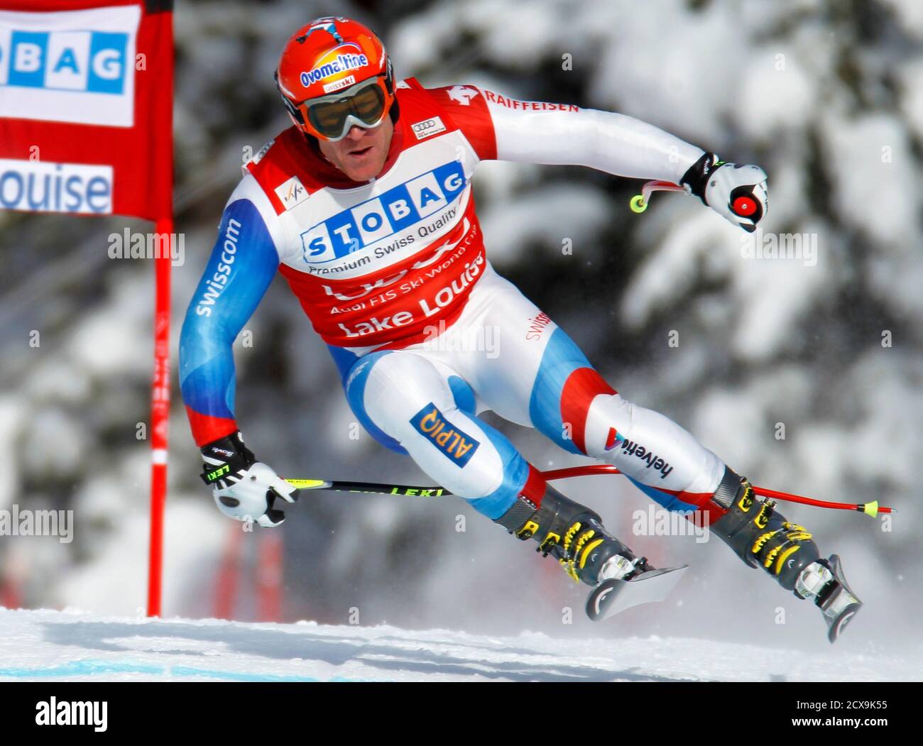 Didier Cuche of Switzerland makes a turn during alpine skiing training for the Men's World Cup Downhill in Lake Louise, Alberta November 24, 2011.    REUTERS/Mike Blake     (CANADA - Tags: SPORT SKIING) Stock Photo
