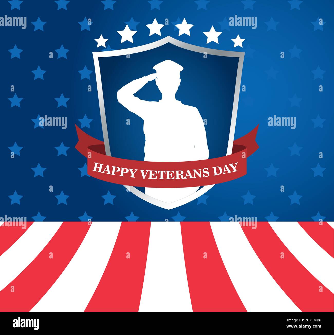 happy veterans day celebration with military officer saluting in shield ...