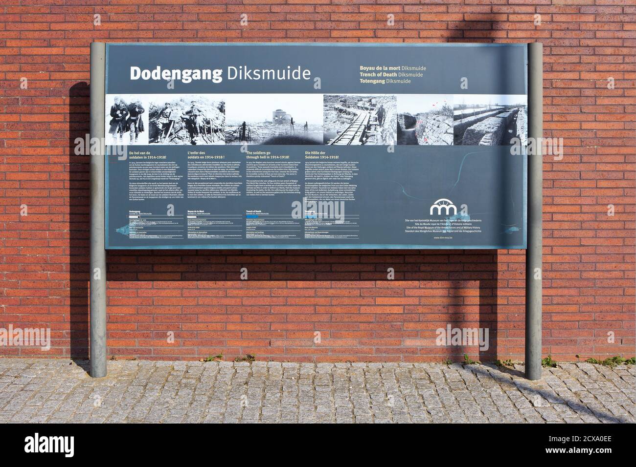 Sign at the Dodengang (Trench of Death) in Diksmuide, Belgium, where the Battle of the Yser took place in October 1914 Stock Photo