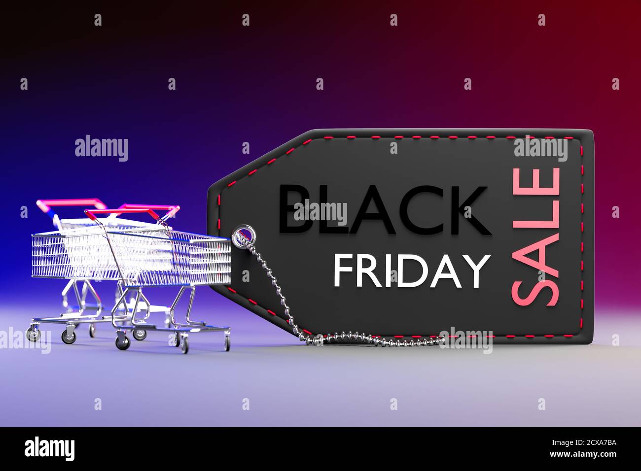 A big black price tag and small shopping cart on dark background. Concept of shopping season on weekends of November every year. Closeup and copy spac Stock Photo