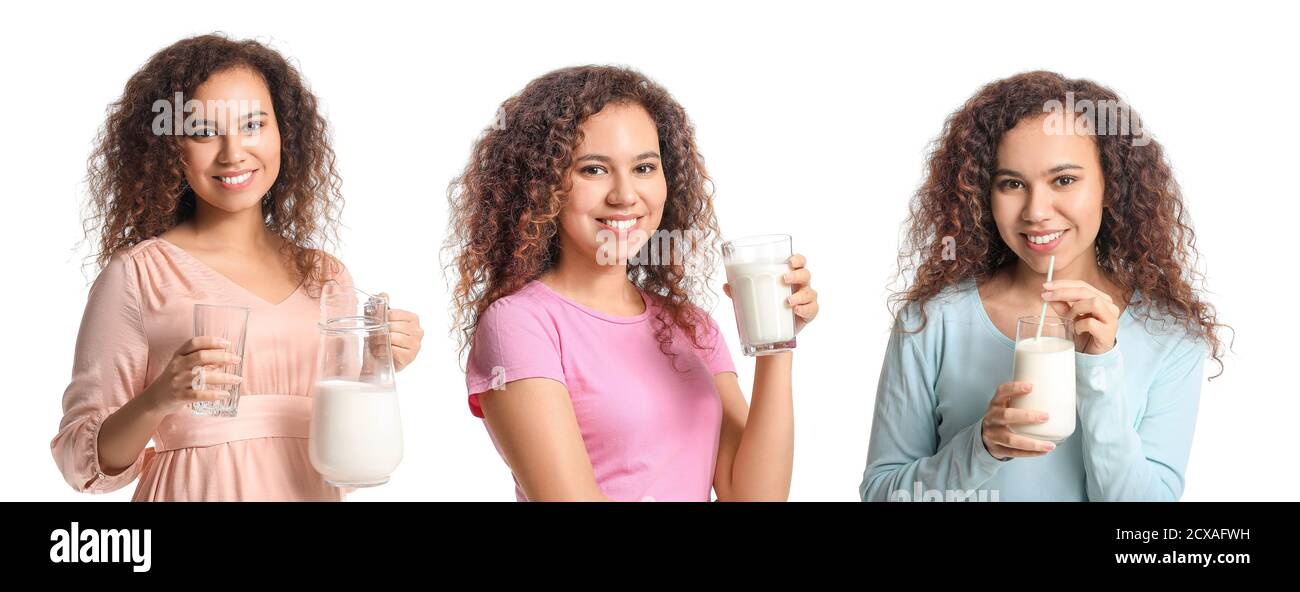 Young African-American woman with milk on white background Stock Photo ...