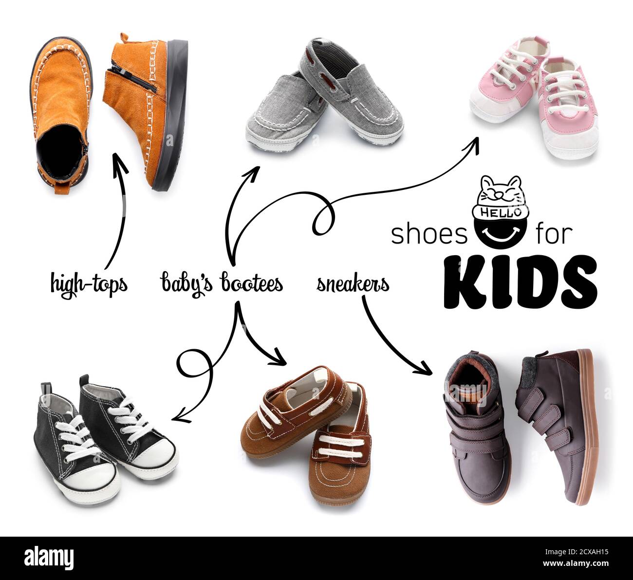 Different types of shoes for kids on white background Stock Photo - Alamy