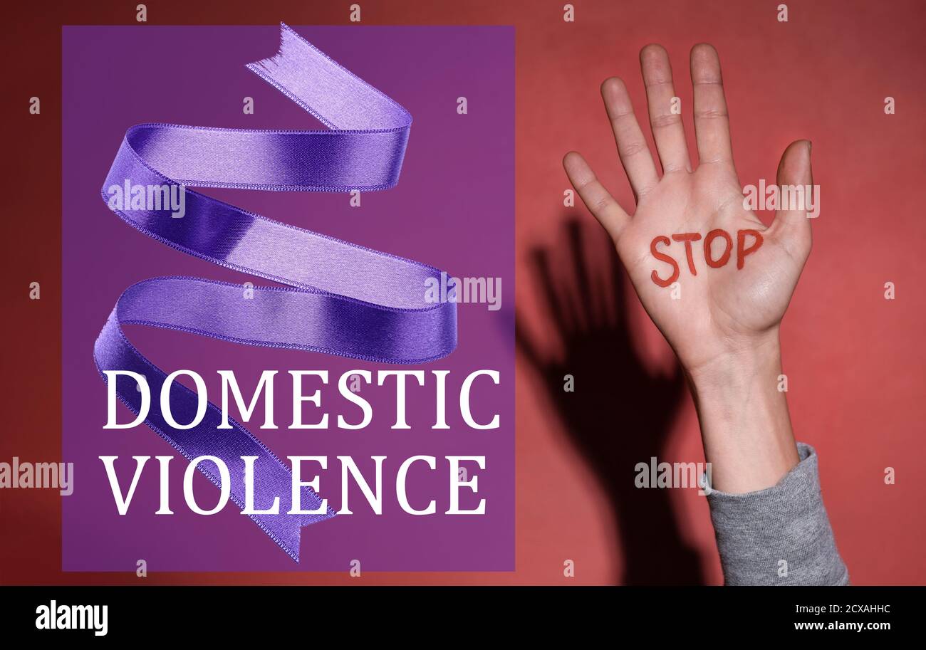 Purple ribbon and female hand with text STOP DOMESTIC VIOLENCE on color