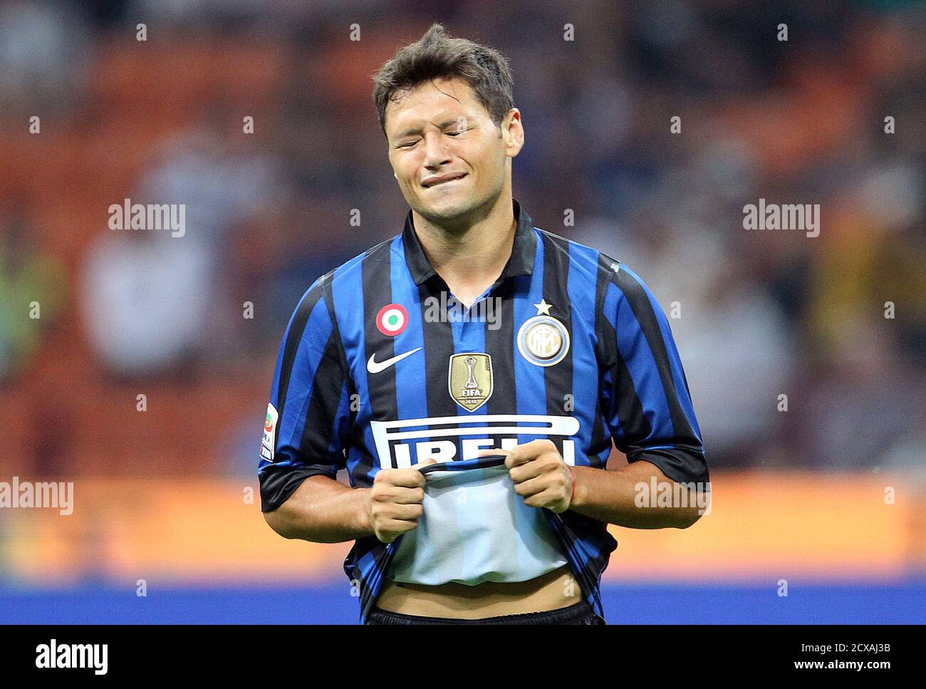 Inter Milan's Mauro Zarate reacts during their Serie A soccer match against  AS Roma at the San Siro stadium in Milan September 17, 2011.  REUTERS/Giorgio Benvenuti (ITALY - Tags: SPORT SOCCER Stock