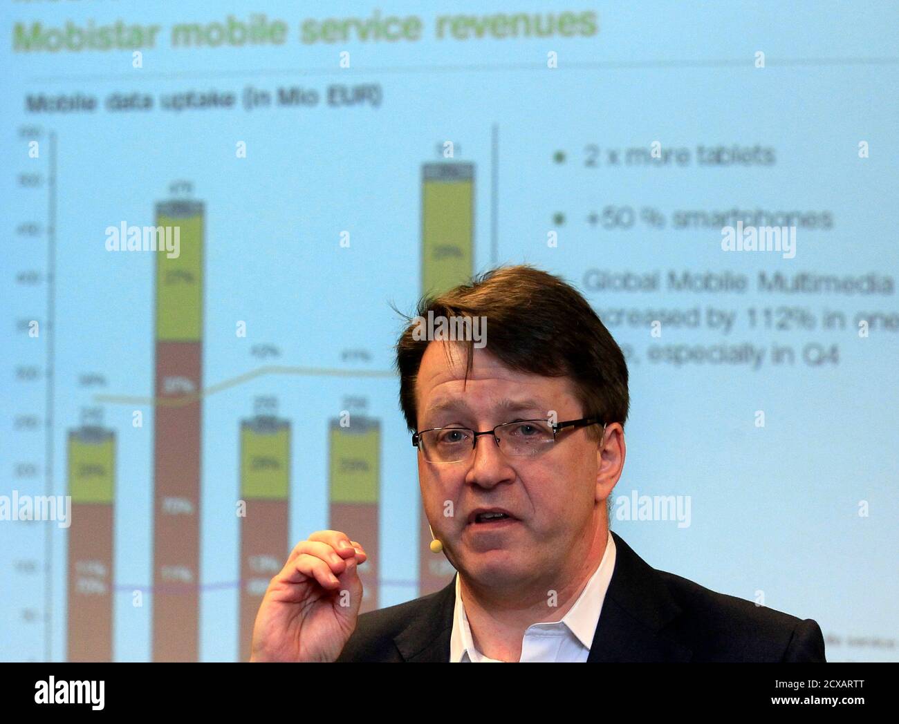 Mobistar's Chief Executive Officer Jean Marc Harion presents the company's  annual results during a news conference in Brussels February 6, 2013.  Belgian mobile phone operator Mobistar said 2013 earnings would miss analyst