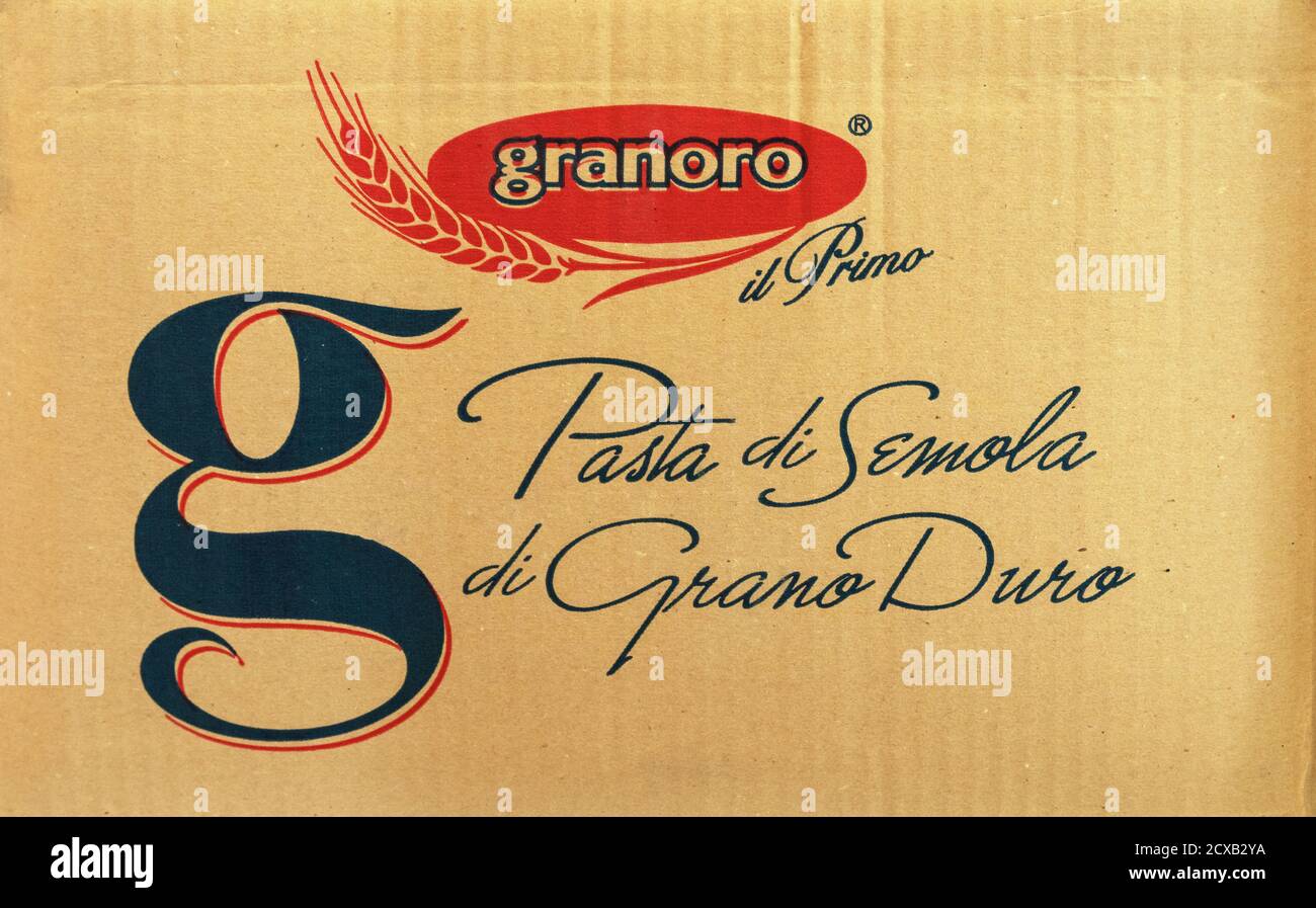 Granero il Primo logo on cardboard box marked: Pasta di Semola di Grano Duro Stock Photo