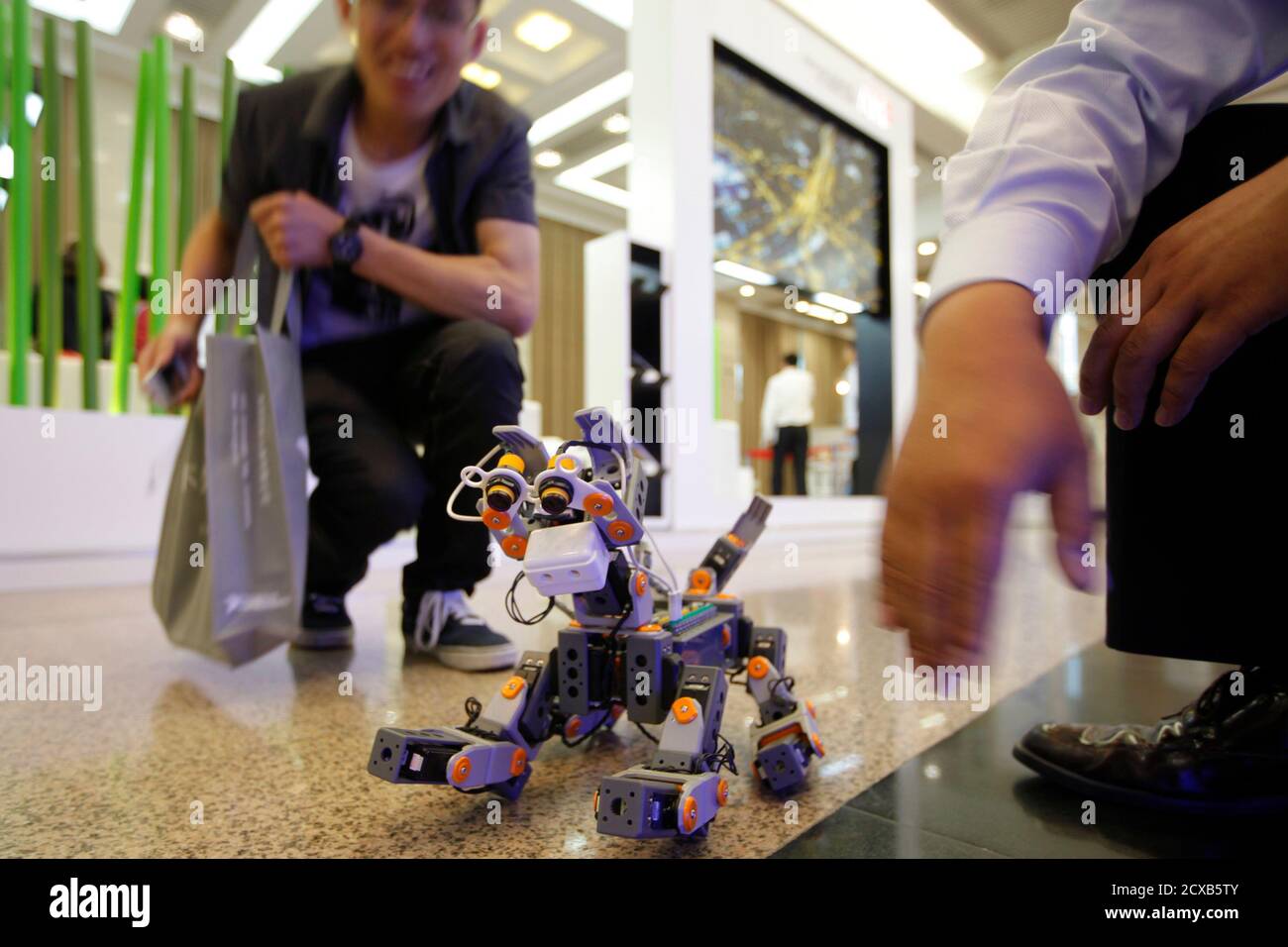 A man looks at a demonstration of a prototype of a dog robot during the 2011 IEEE International Conference on Robotics and Automation (ICRA 2011) in Shanghai May 11, 2011. The theme of the conference is 'Better Robots, Better Life' and it runs from May 9-13. REUTERS/Aly Song  (CHINA - Tags: SOCIETY SCI TECH) Stock Photo