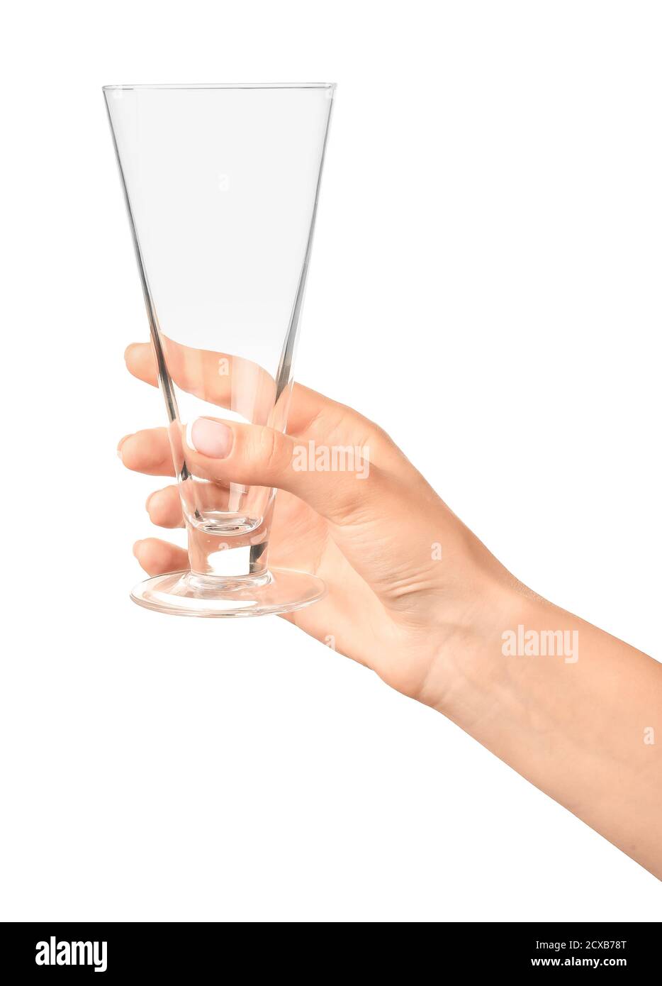 Hand with empty glass on white background Stock Photo