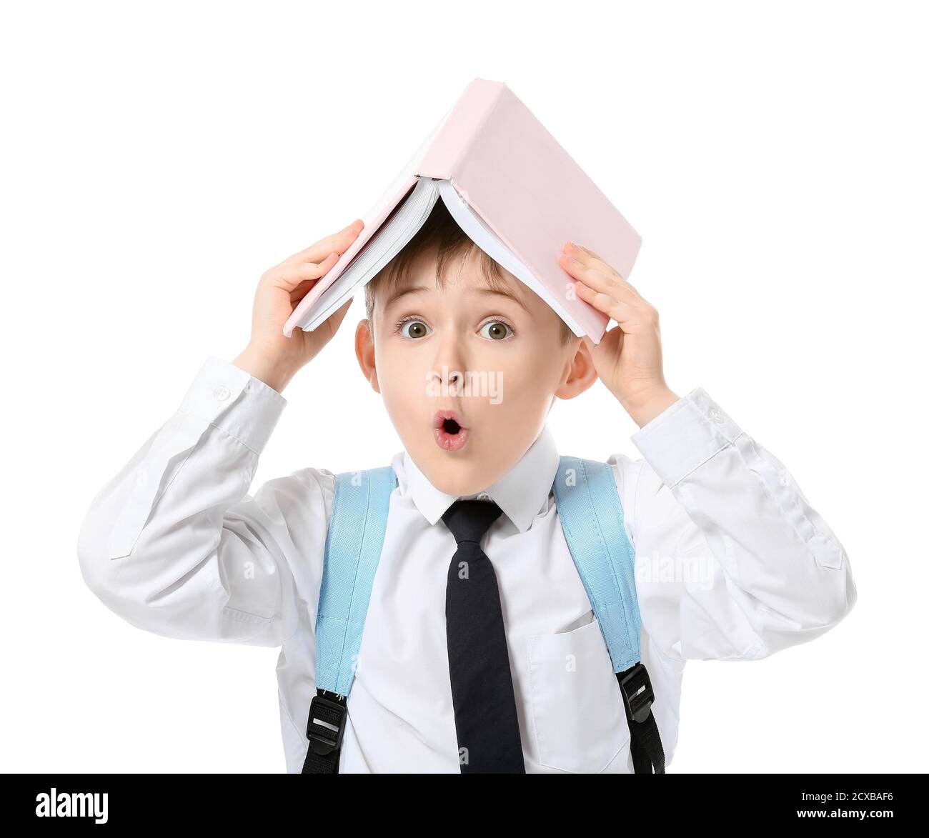 Little schoolboy with book on white background Stock Photo - Alamy