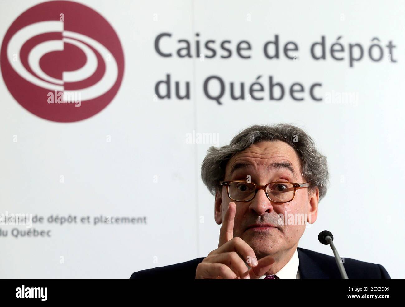 Michael Sabia, president and chief executive officer of Caisse de depot et placement du Quebec (CDP) gestures during a news conference following the release of their financial results in Montreal, February 27, 2013. REUTERS/Christinne Muschi (CANADA - Tags: BUSINESS) Stock Photo