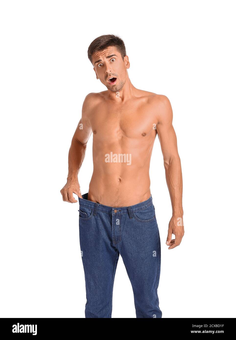 Man with sudden weight loss problem on white background. Diabetes