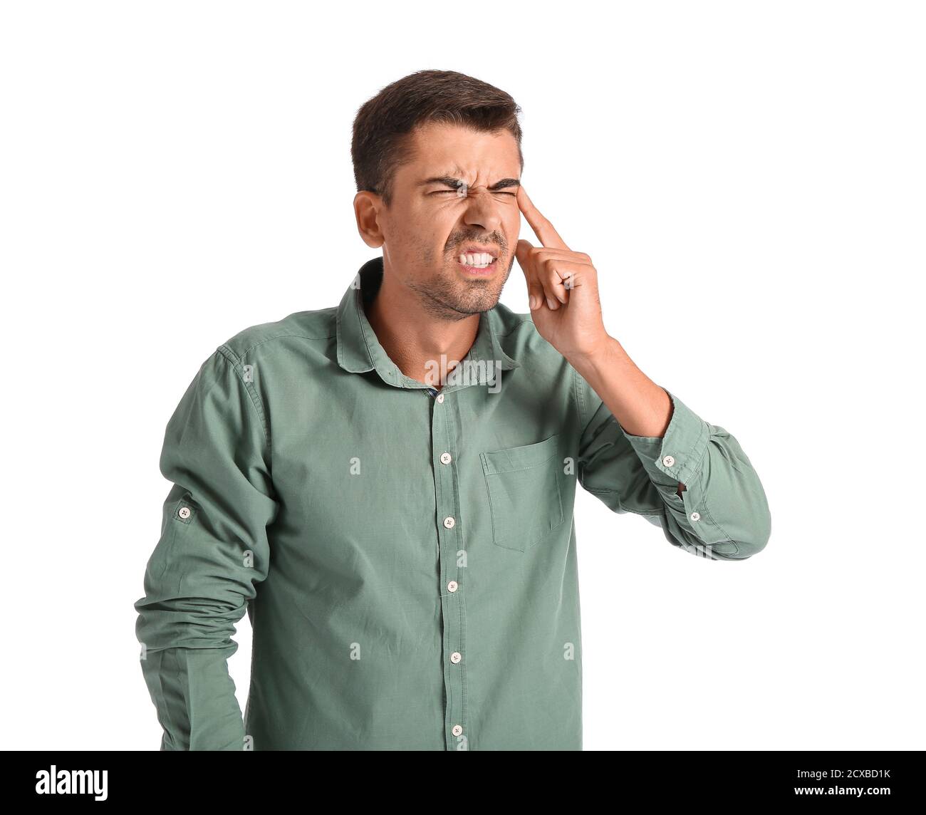 Man with problem of poor eyesight on white background. Diabetes