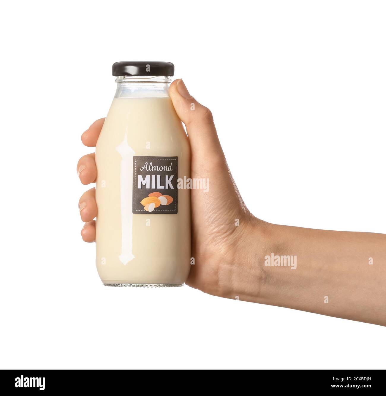 https://c8.alamy.com/comp/2CXBDJN/female-hand-with-bottle-of-almond-milk-on-white-background-2CXBDJN.jpg