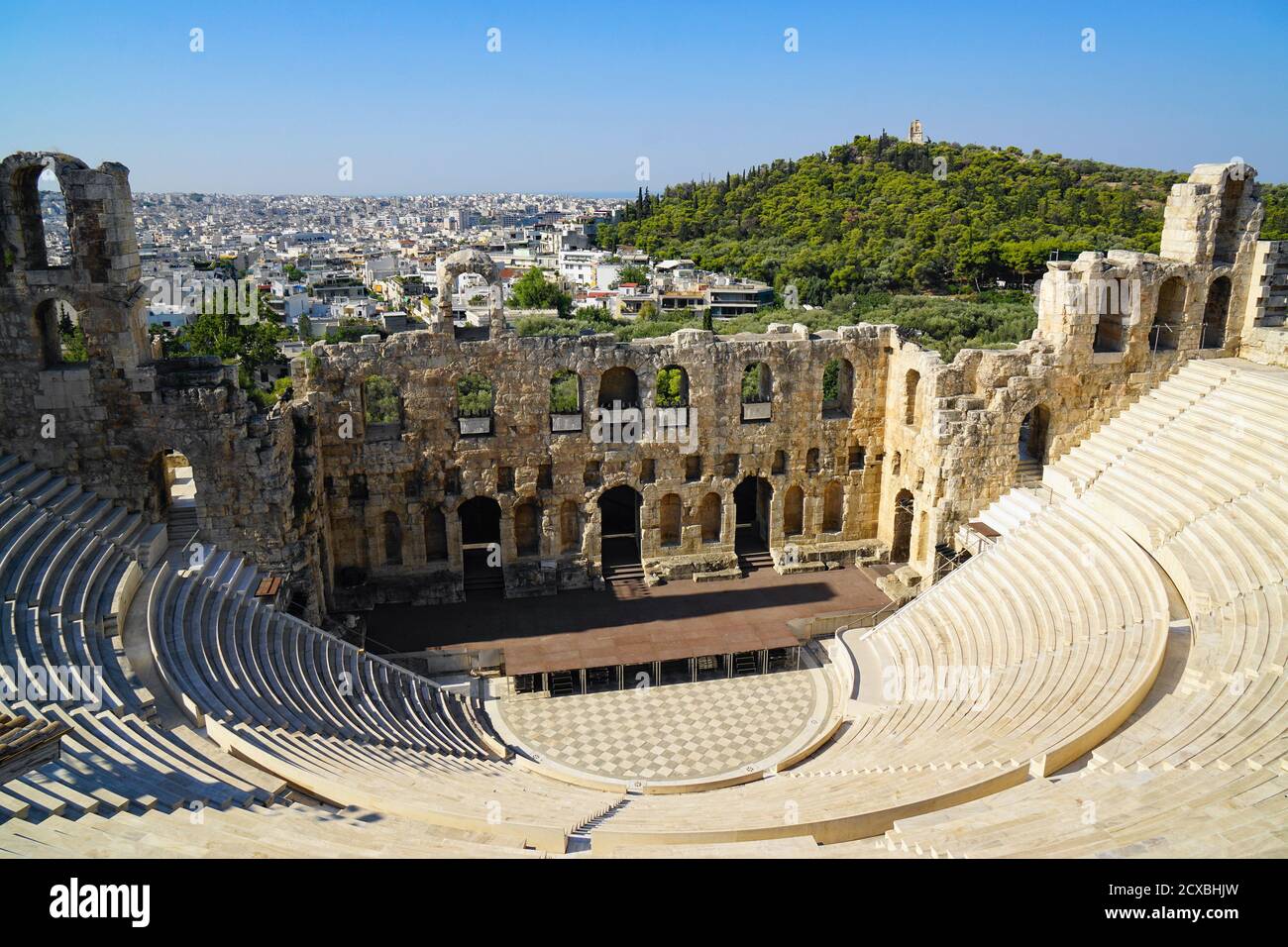 The Odeon of Herodes Atticus, an ancient stone ampitheater at the Acropolis Stock Photo