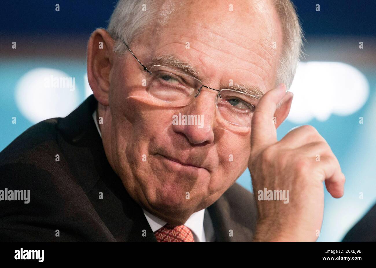 Germany's Minister of Finance Wolfgang Schauble speaks during a discussion on 'A Reform Agenda for Europe's Leaders' during the World Bank/IMF annual meetings in Washington October 9, 2014. Schaeuble said on Thursday more government spending was a wrong cure for the euro zone's weak growth and dismissed the prospect of recession for Europe's biggest economy.     REUTERS/Joshua Roberts    (UNITED STATES - Tags: POLITICS BUSINESS) Stock Photo