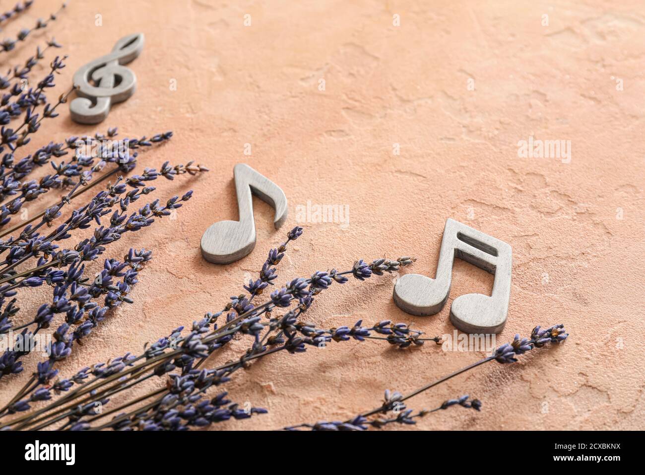 Flowers with music notes on color background Stock Photo Alamy