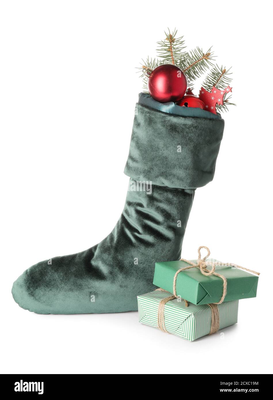 Christmas sock with gifts on white background Stock Photo - Alamy