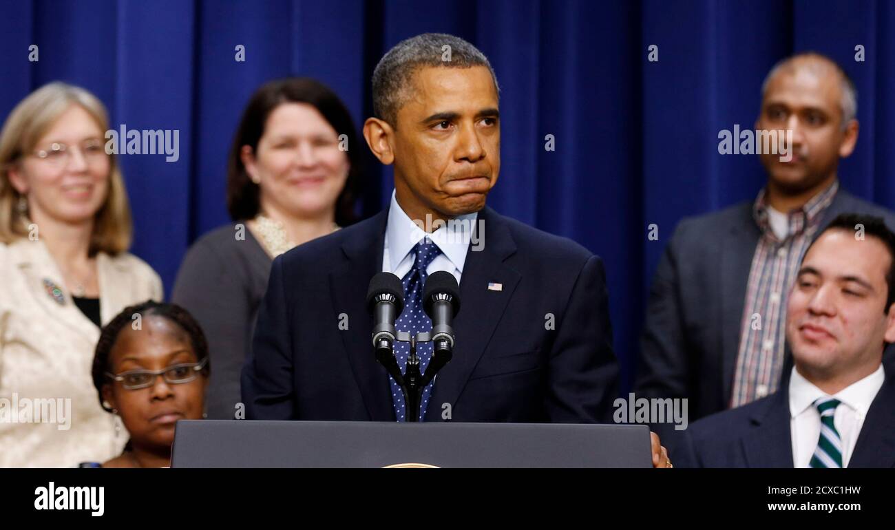 U.S. President Barack Obama talks about the negotiations with Capitol Hill about the looming fiscal cliff while in the Eisenhower Executive Office Building on the White House complex in Washington, December 31, 2012. Obama on Monday said it appeared a deal on the "fiscal cliff" was within sight but it was not complete yet. REUTERS/Larry Downing (UNITED STATES - Tags: POLITICS BUSINESS) Stock Photo