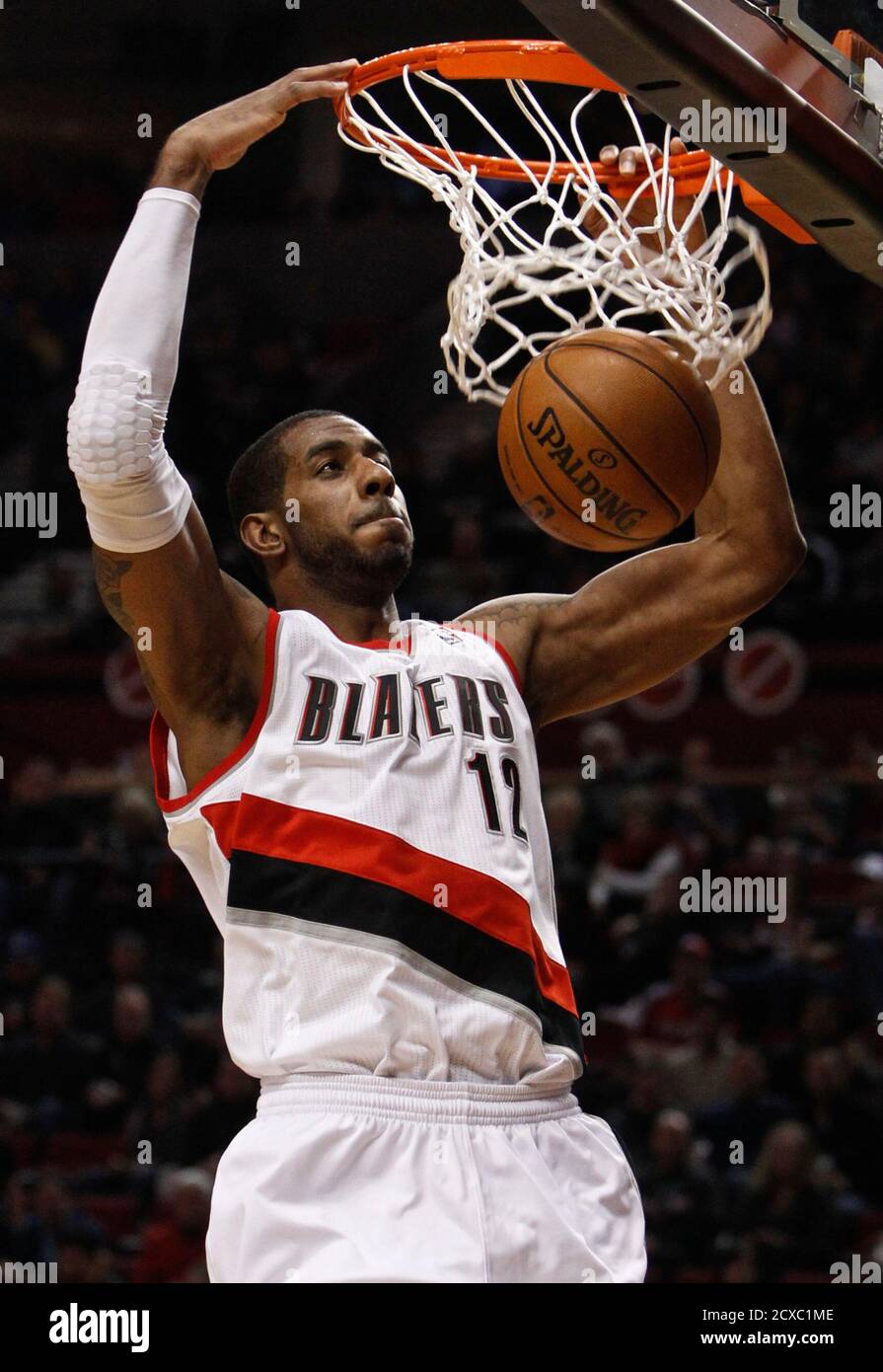 Portland Trail Blazers Power Forward Lamarcus Aldridge 12 Dunks Against The Oklahoma City Thunder During Third Quarter Of Their Nba Basketball Game In Portland Oregon January 13 2013 Reuters Steve Dipaola United States