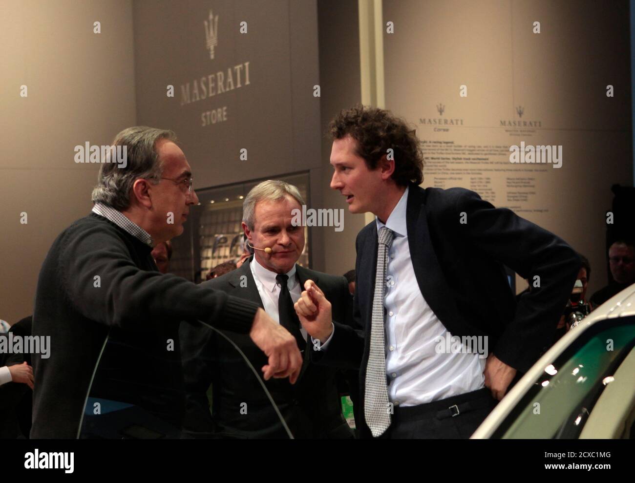 Fiat Chairman John Elkann (R); Harald Wester (C), Chief Executive Officer  of Maserati; and Sergio Marchionne, Fiat CEO and Chairman and CEO of  Chrysler Group, confer at the North American International Auto
