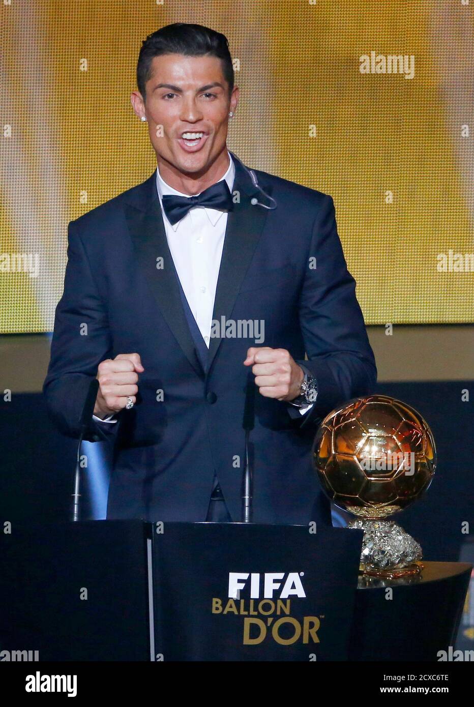 Real Madrid's Cristiano Ronaldo of Portugal, makes a speech after winning  the 2014 FIFA World Player of the Year during the FIFA Ballon d'Or 2014  soccer awards ceremony at the Kongresshaus in