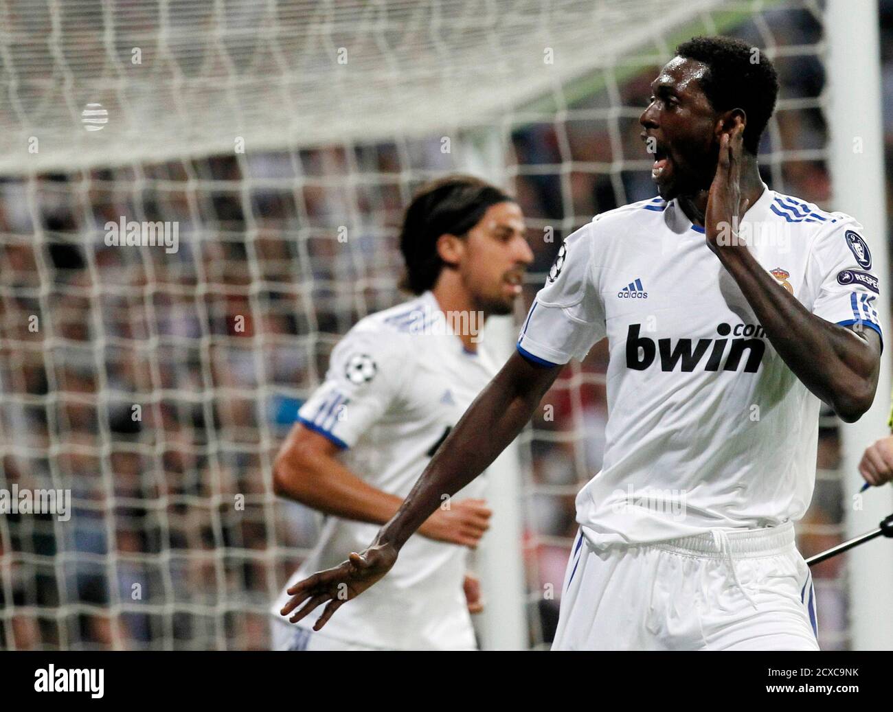 Real Madrid S Emmanuel Adebayor Celebrates His Second Goal Against Tottenham Hotspur During Their First Leg Of Their Champions League Quarter Final Soccer Match At Santiago Bernabeu Stadium In Madrid April 5 11 Reuters Juan