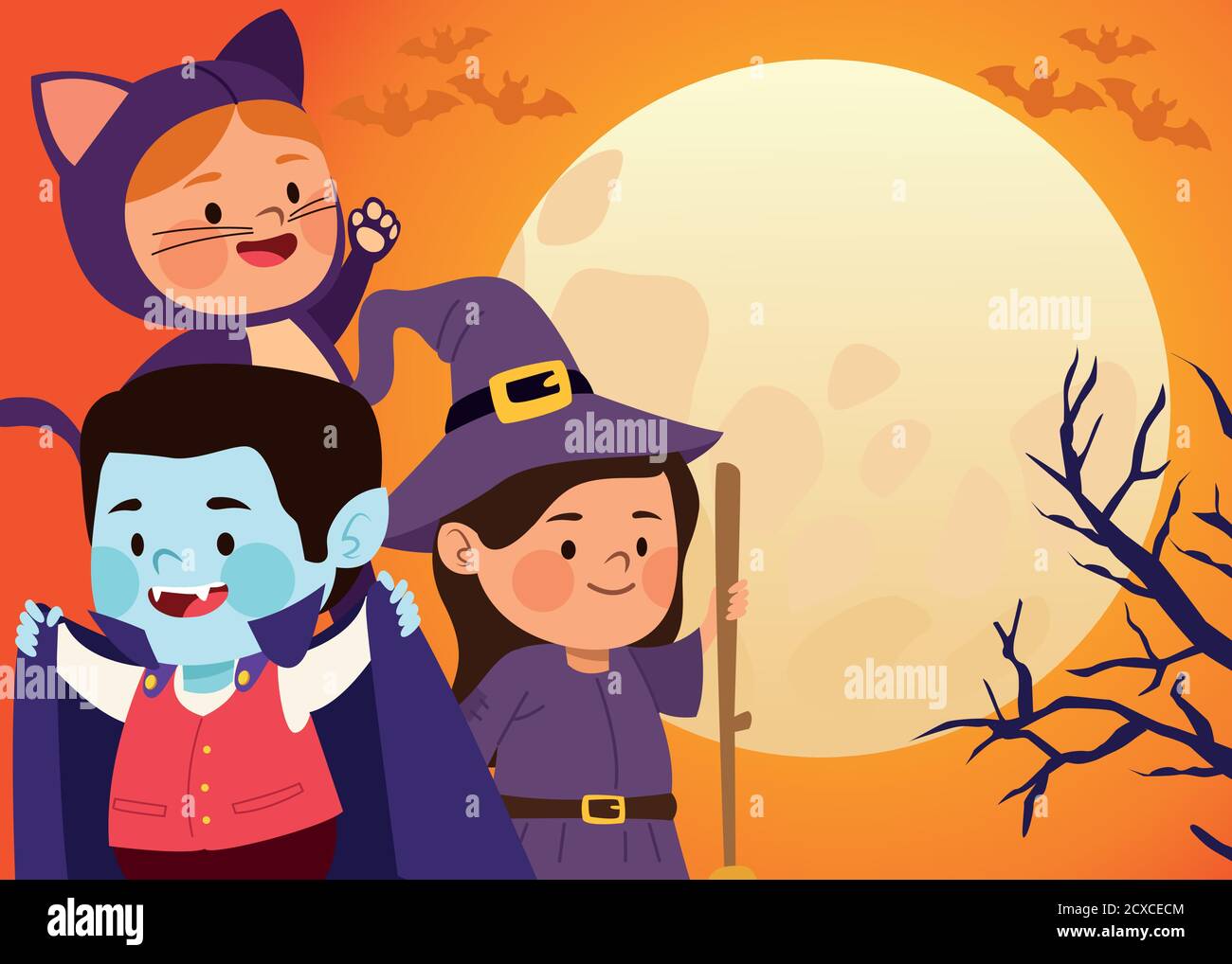 cute little kids dressed as a cat and witch with dracula in moon scene ...