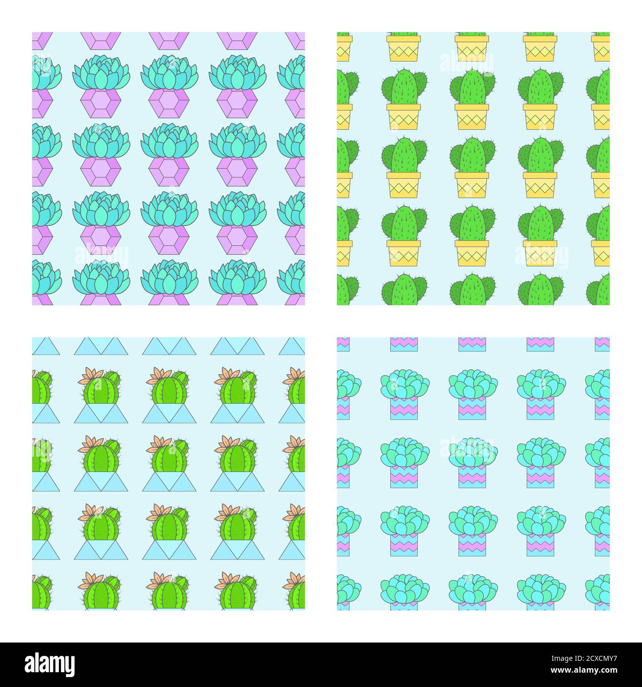 Vector set of four seamless patterns with cacti and succulents in ...