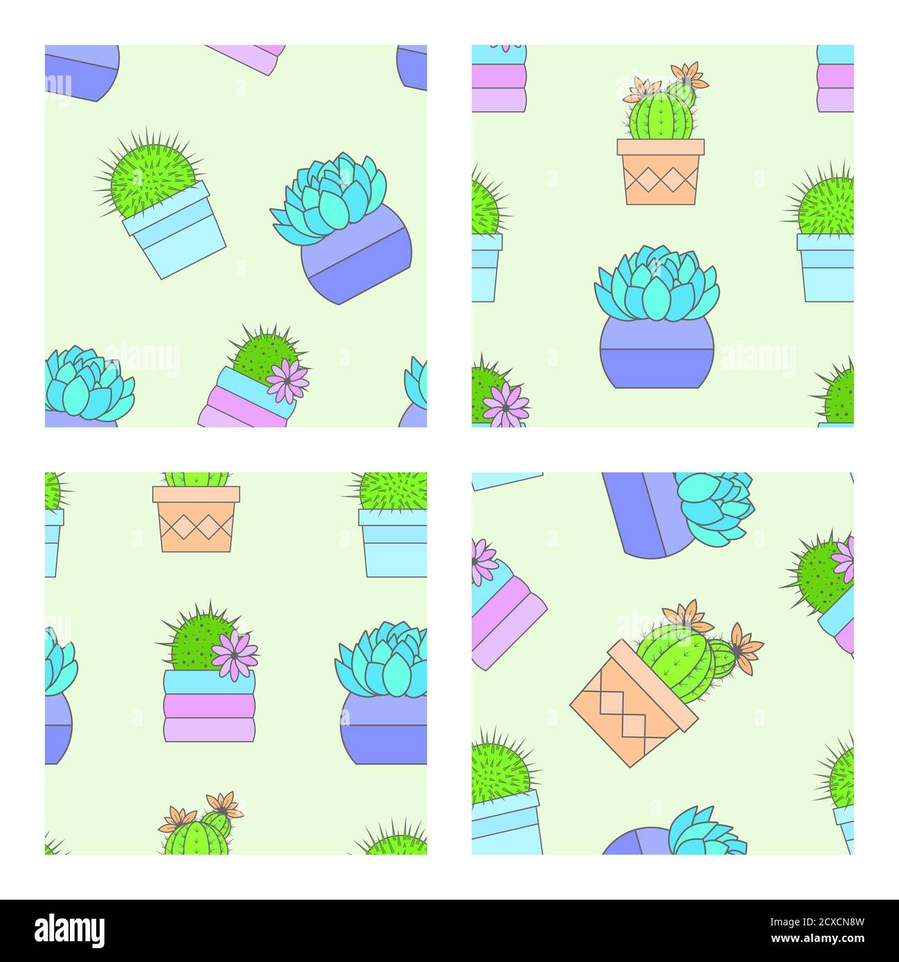 Vector set of four seamless patterns with cacti and succulents in ...