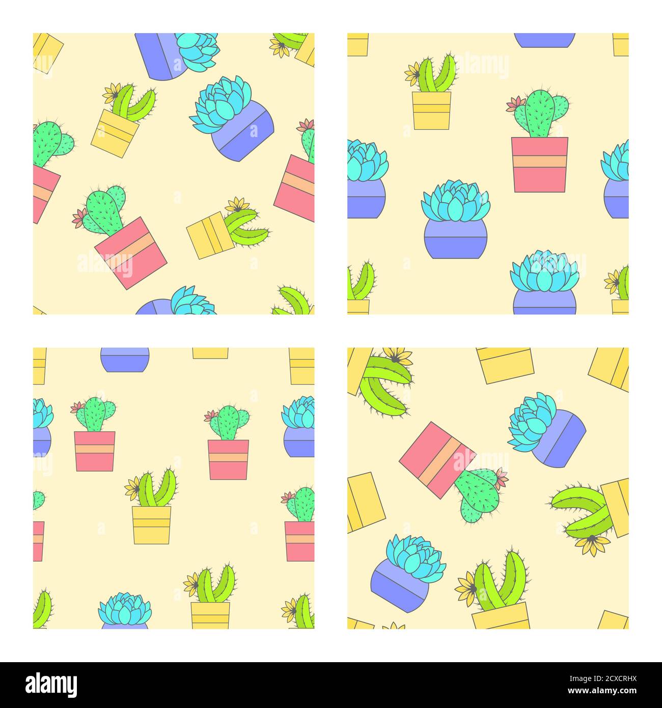 Vector set of four seamless patterns with cacti and succulents in ...