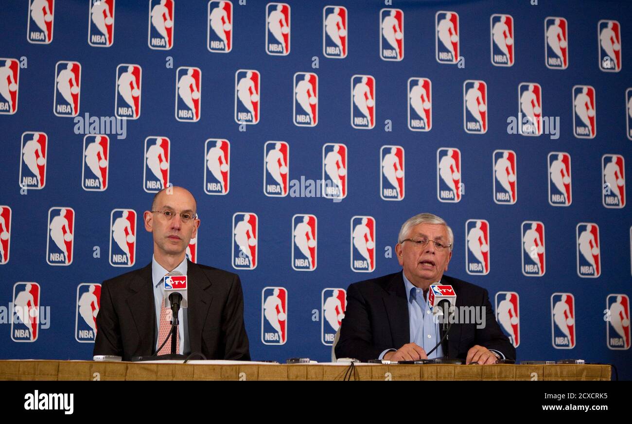 NBA Deputy Commissioner Adam Silver (L) and NBA Commissioner David Stern  arrive at a news conference after holding another round of unsuccessful  contract negotiations between the NBA and the NBA Players Association