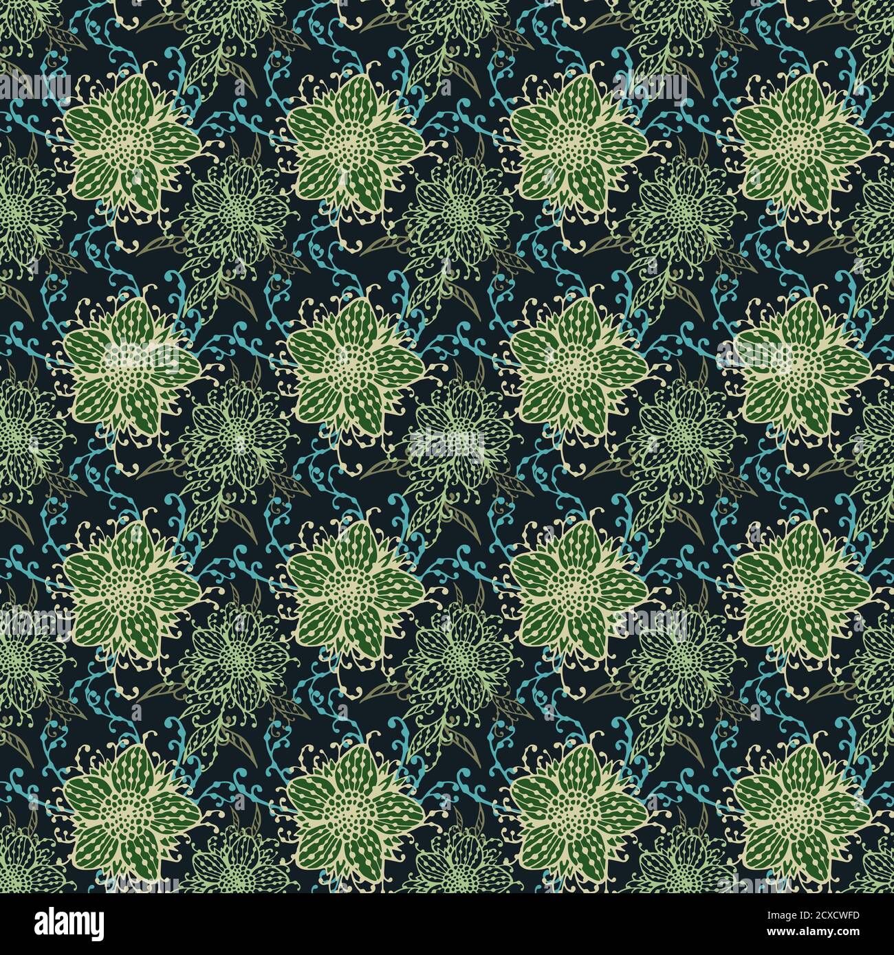 Seamless pattern with hand drawn flowers. In green and blue colors ...