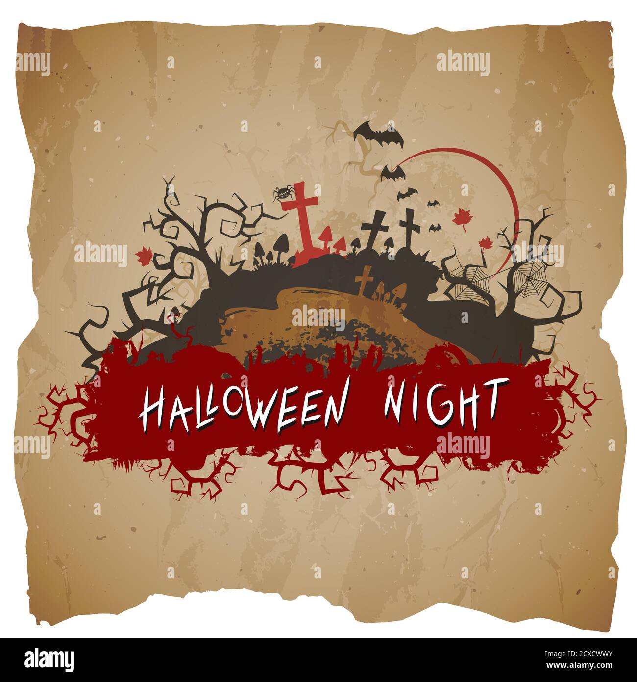 Vector Halloween illustration with cemetery and inscription on grunge background. Stock Vector