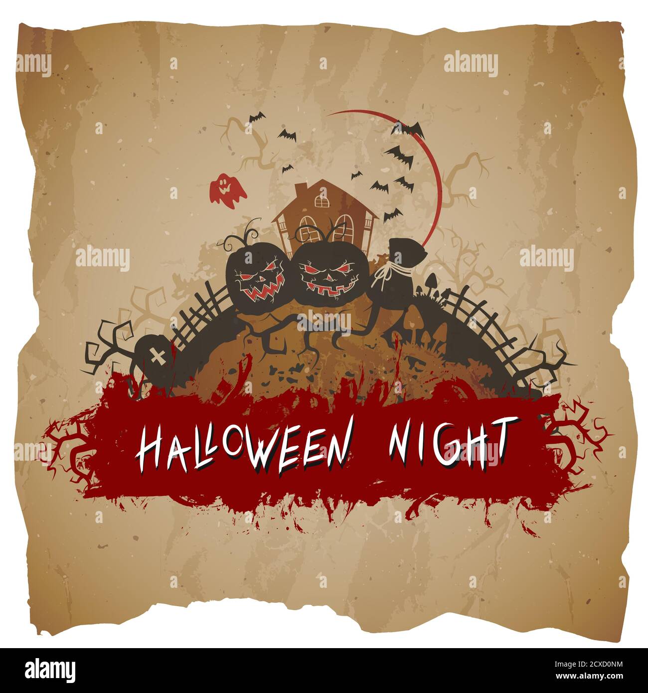 Vector Halloween illustration with abandoned house, pumpkins and inscription on grunge background. Stock Vector